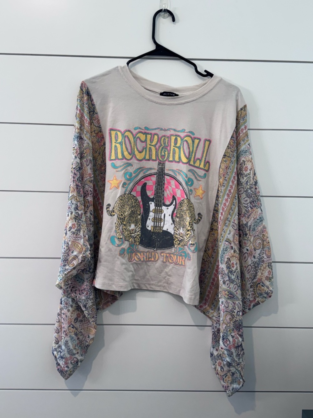 NWT Zutter Rock & Roll Kantha Scarf Sleeve Graphic Top M